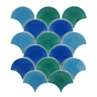 Трехцветная бирюзовая мозаичная  плитка на сеточной имеет в форме чешуи с ровной глазурованной поверхностью  Мозаика - плитка из керамики Трехцветная бирюзовая плитка чешуя ХL8510 mirmozaiki.kz